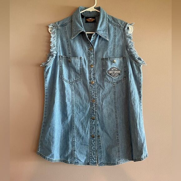 Harley-Davidson denim button down cutoff top - Picture 1 of 5